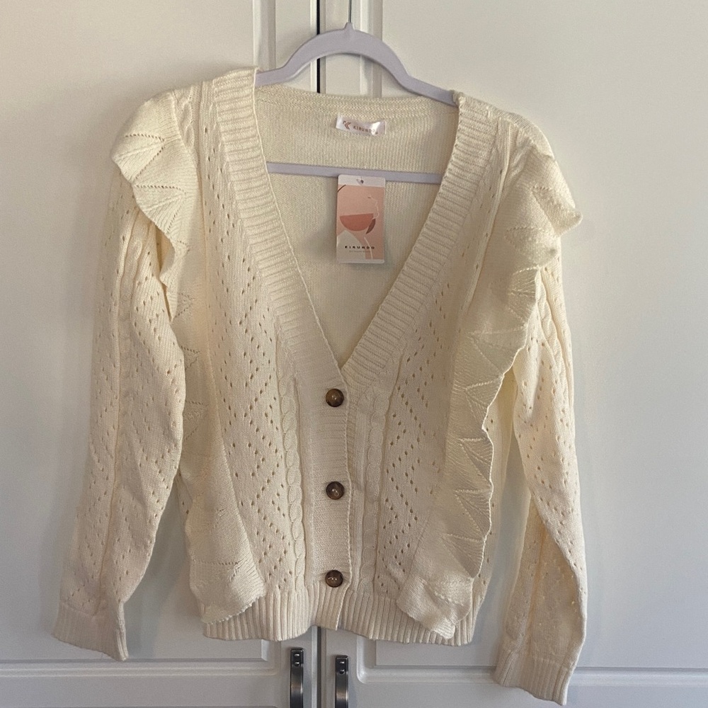NWT Preppy Cream Ruffled Knit Cardigan Sweater with eyelet detail.